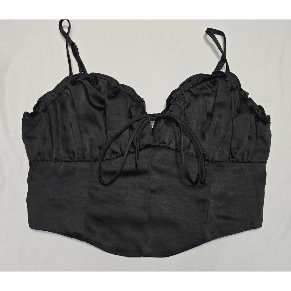 Lush Black Satin Sweetheart Cropped Strappy Tie Top‎ Small Smocked Shirt Sexy